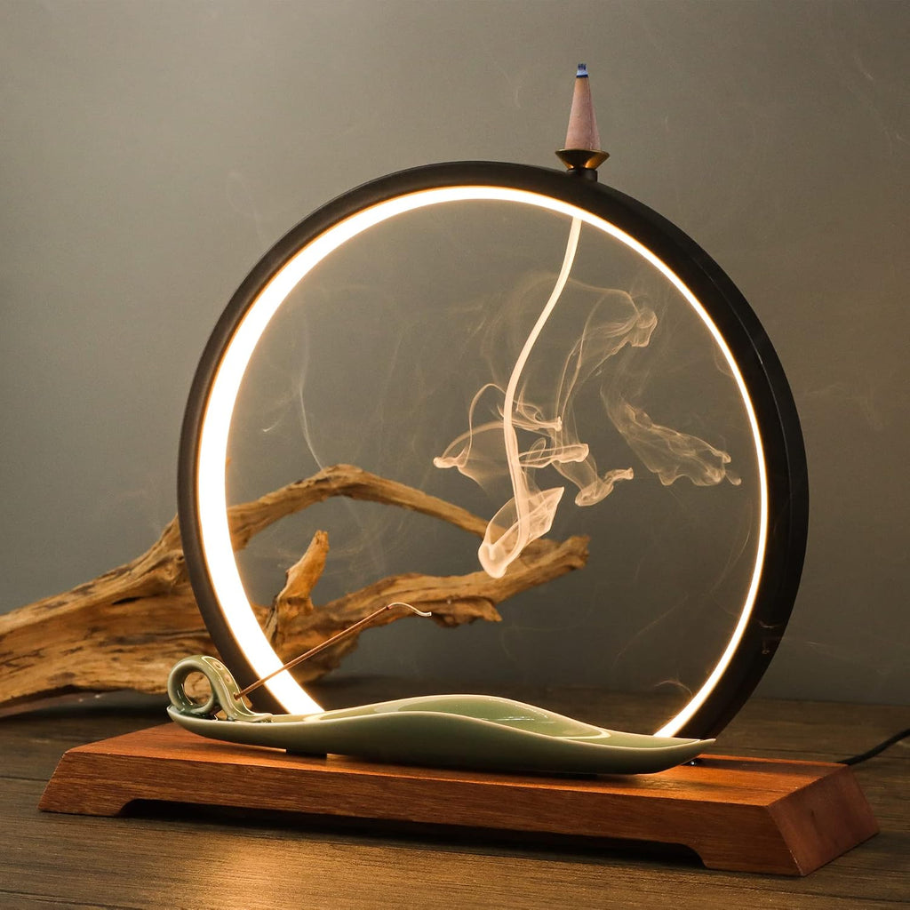 Backflow Incense Burner with LED Light Ring, Ceramic, Waterfall Design, Includes 1 Tweezer and 30 Incense Sticks