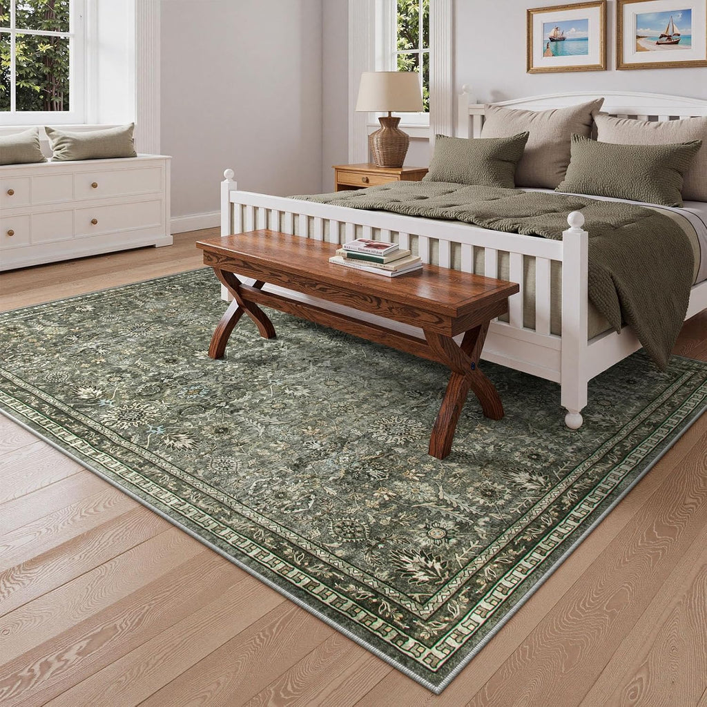 Sage Green Area Rug 6x9, Machine Washable Rugs, Boho Vintage Soft Bedroom Carpet Nursery Apartment Office, Dark Green