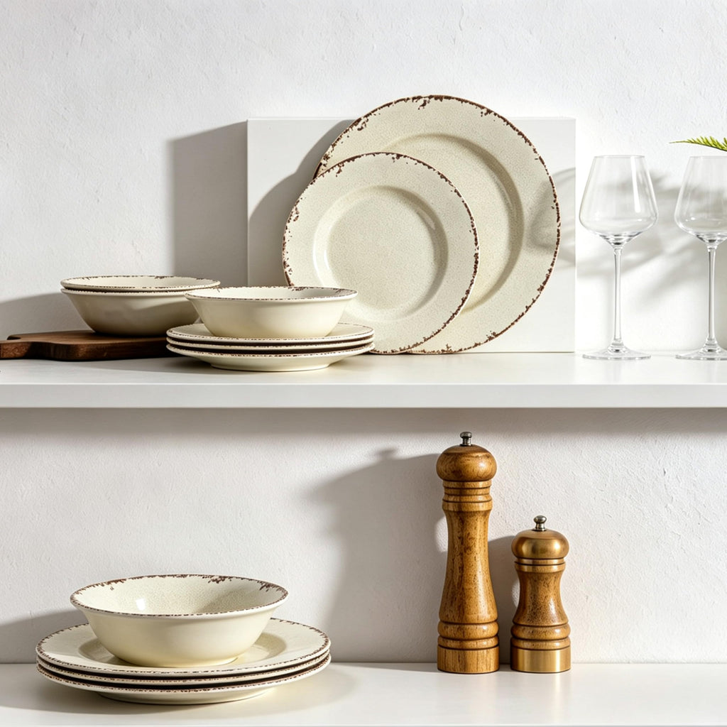 Rustic Farmhouse Melamine Dinnerware Set for 6, Dishwasher Safe, Creamy White