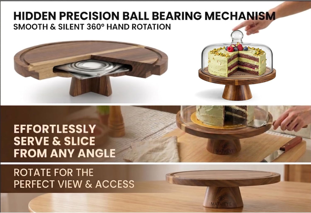 Glass Cake Stand with Lid, 11.8 Inch Dome, Rotating Acacia Wood Base
