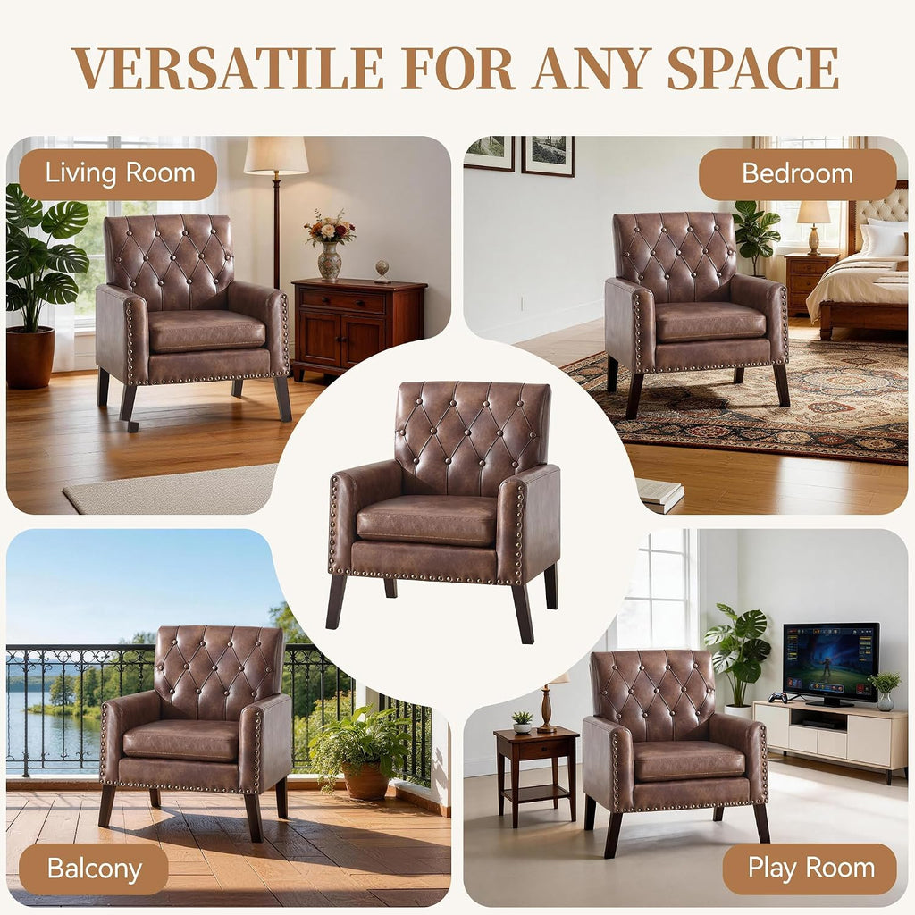 Faux Leather Accent Chair, Modern Upholstered Armchair with Button Tufted Back, Mid Century Comfy Club Chair - Set of 2