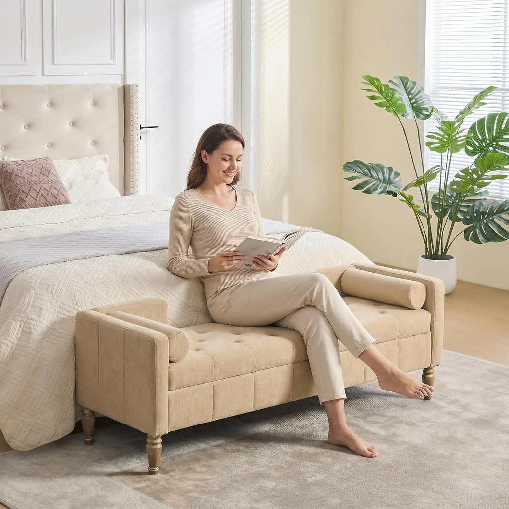 64.6" End of Bed Storage Bench, Diamond Tufted Chenille | 64.6"W × 22.08"D × 22.08"H, Camel, 350 lbs capacity