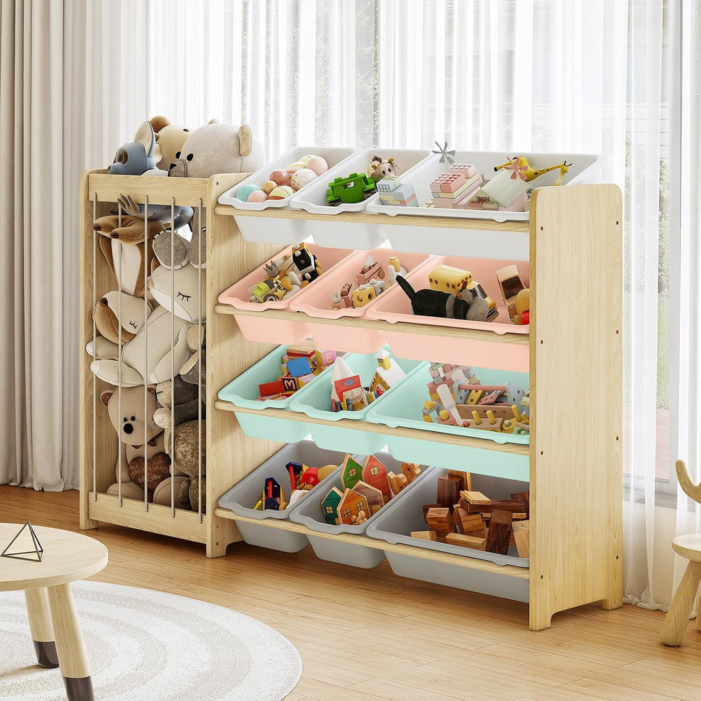 Kids Toy Storage Organizer, 2-in-1 Stuffed Animal Storage & Toy Organizer w/12 Bins, Solid Wood Toy Rack Featuring