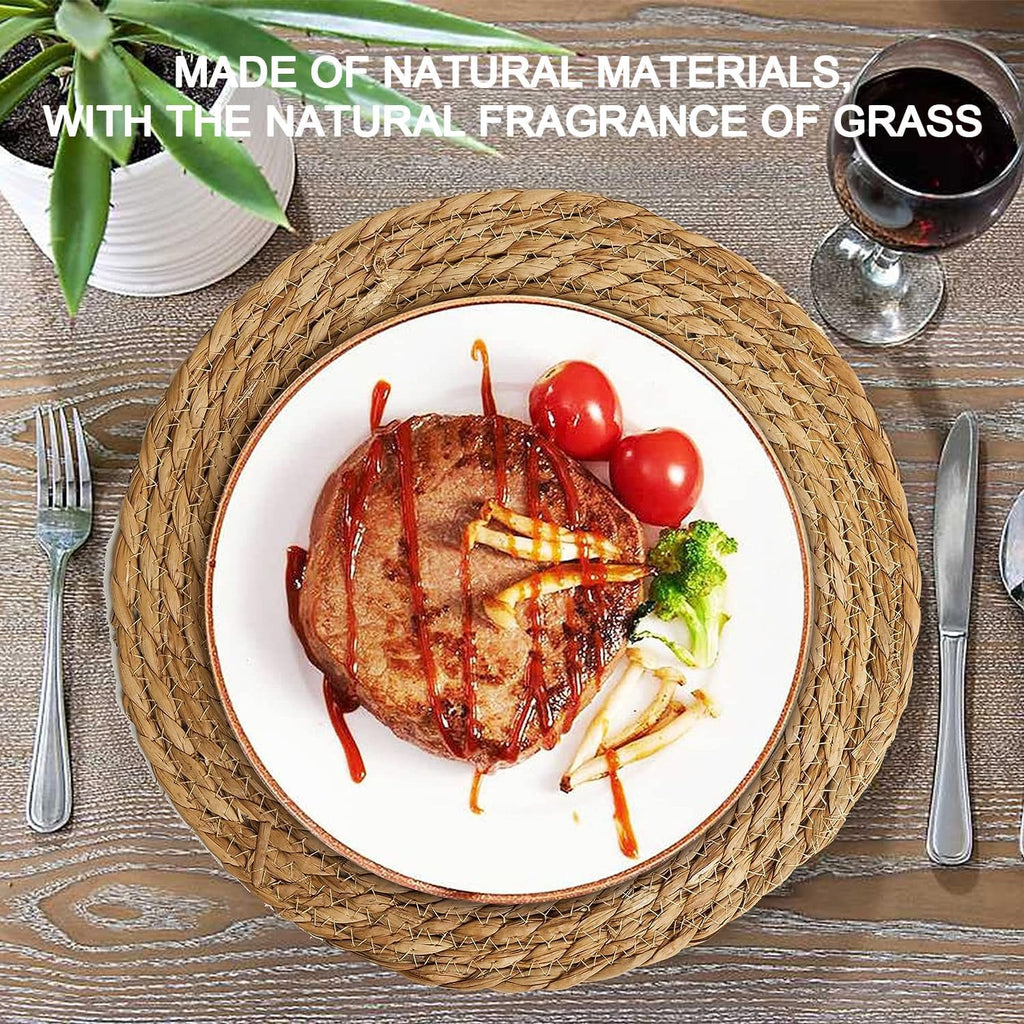 Defined Deco Woven Placemats,12" Round Rattan Placemats,Natural Hand-Woven Water Hyacinth - Set of 6