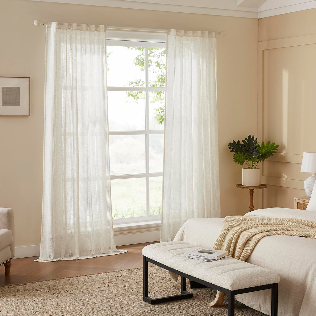Natural Linen Boho Curtains 84 Inches Long Light Filtering Semi Sheer Privacy Drapes, Farmhouse Rustic Hollowed-Out
