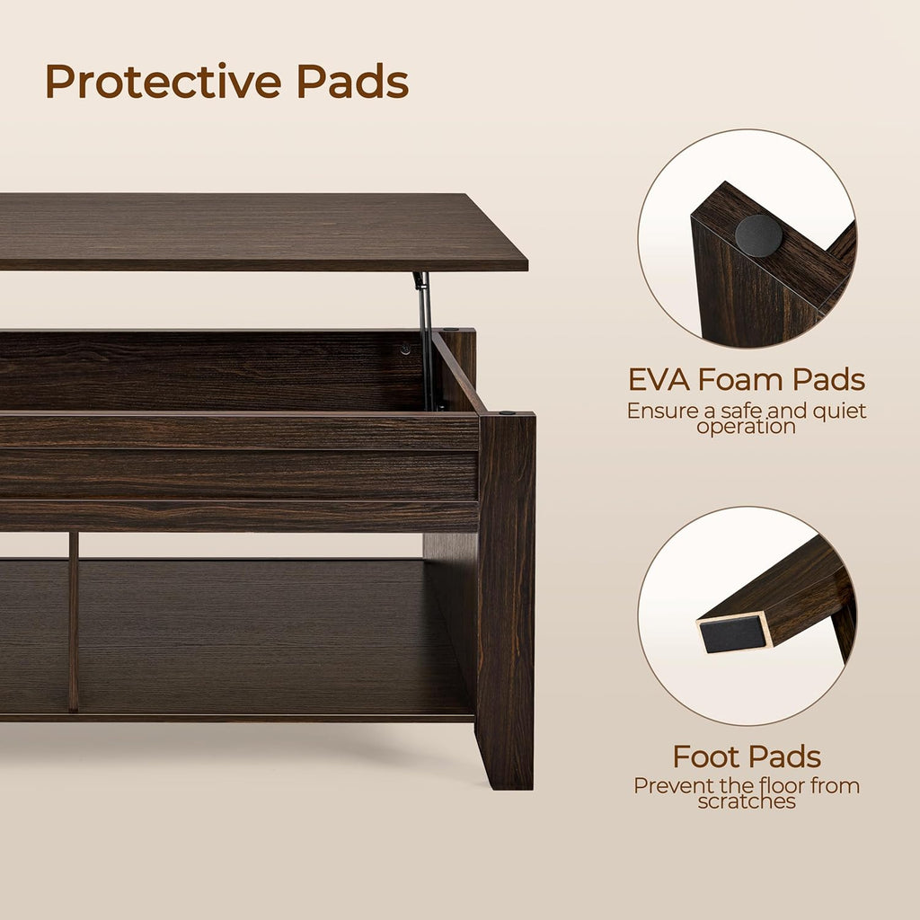 Lift Top Coffee Table with Hidden Storage Compartment & 2 Open Shelves