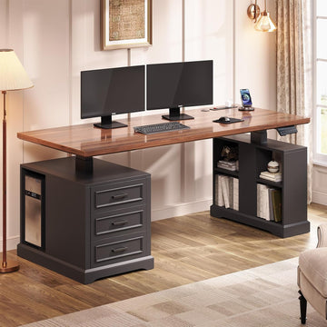 63" Farmhouse Electric Standing Desk with 3 Drawers, Storage Shelves | Height Adjustable Computer Desk with Power
