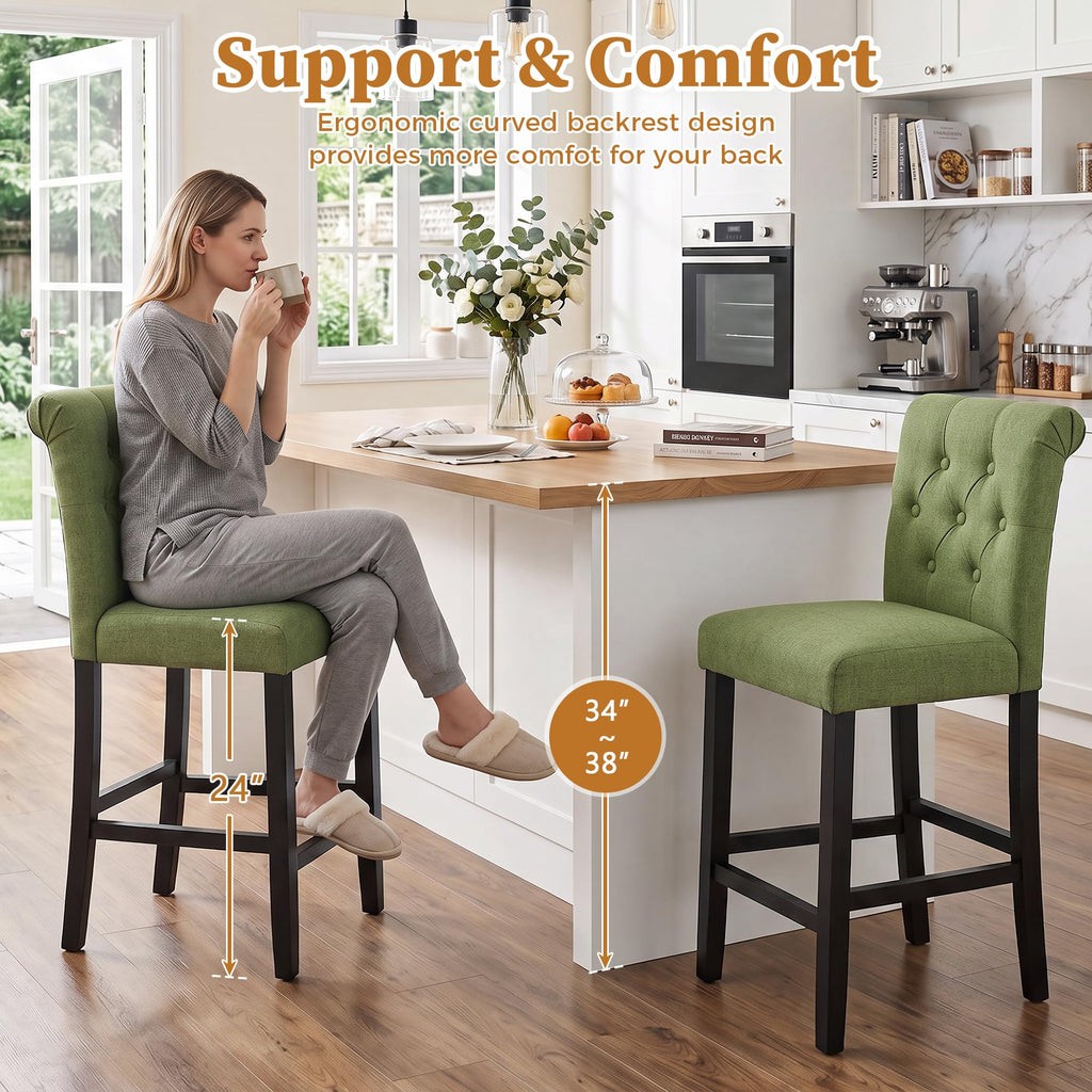 24" Barstools Set of 2, Green Bar Chairs with Button Tufted Back