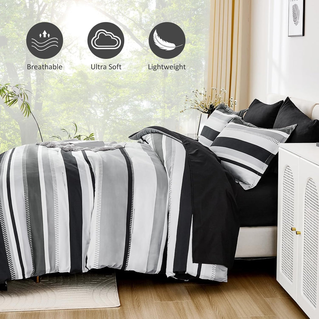 Queen Comforter Set, 7 Pieces Bed in a Bag Orange Queen Bed Set, Soft Boho Striped Bedding Sets with Sheets