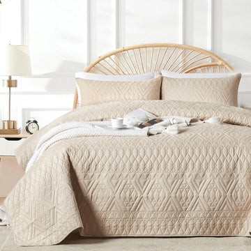 King/Cal King Quilt Bedding Set,Beige Lightweight Microfiber Soft Bedspread,Modern Style Geometric Pattern Coverlet