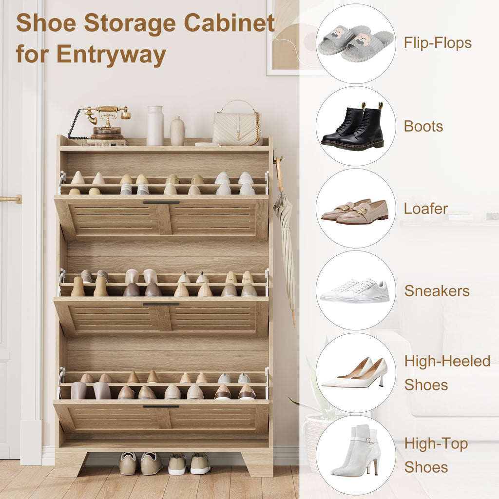 Shoe Cabinet Storage, Slim Shoe Storage Cabinet with 3 Flip Drawers, Freestanding Hidden Narrow Shoe Organizer