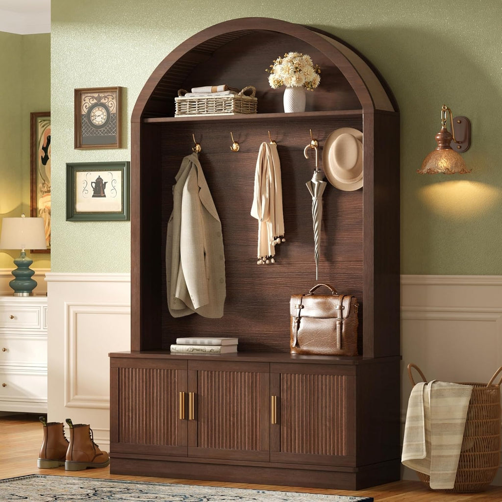 Farmhouse Arched Top Hall Tree with 5 Metal Hooks, All-in-One Mudroom Storage with Adjustable Shelves & Fluted Door