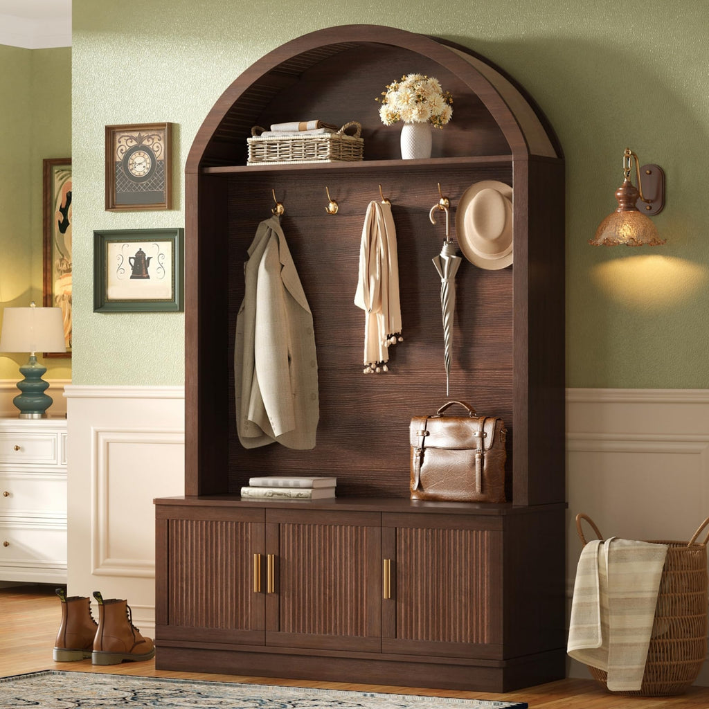 Farmhouse Hall Tree with Bench, Arched Entryway Hall Tree with 5 Hooks, Open Shelf & Fluted Door Cabinets, Mid