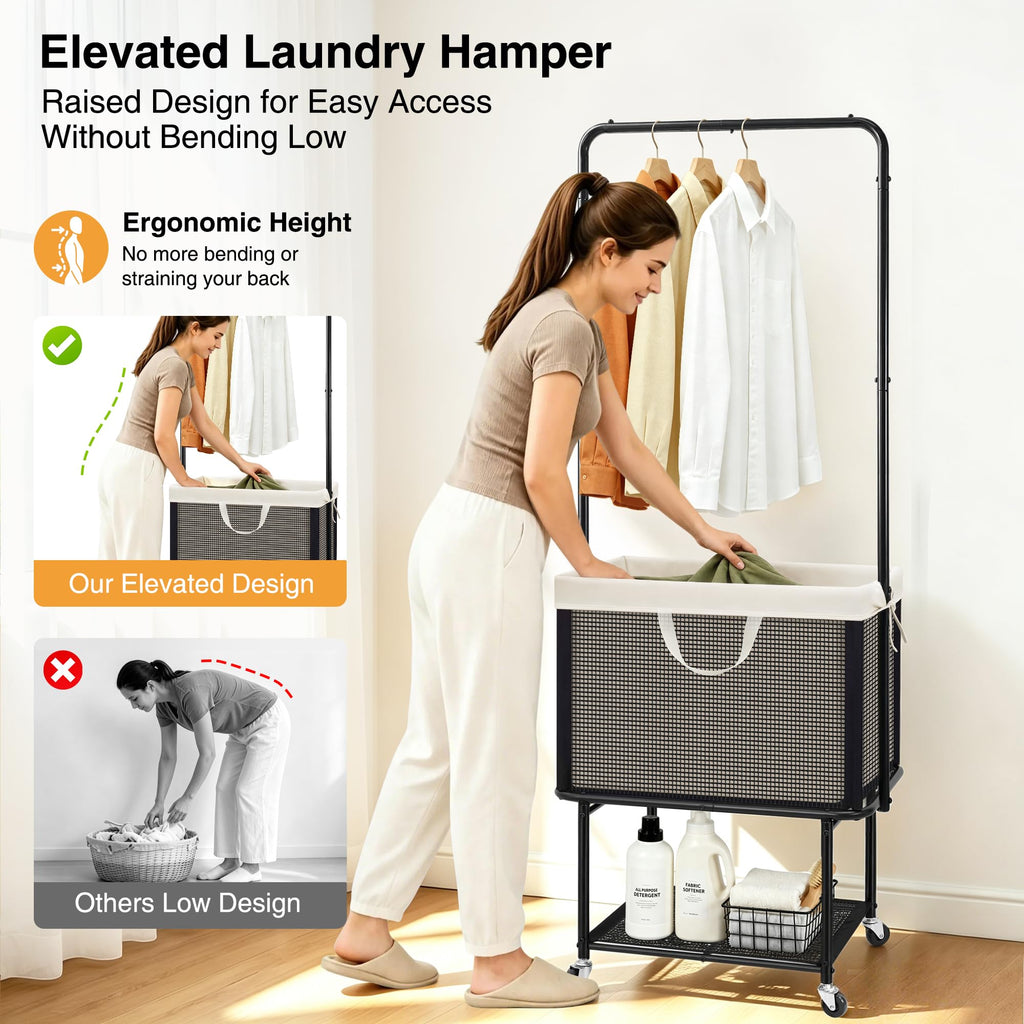 Rolling Laundry Cart with Hanging Bar, Laundry Hamper with Wheels