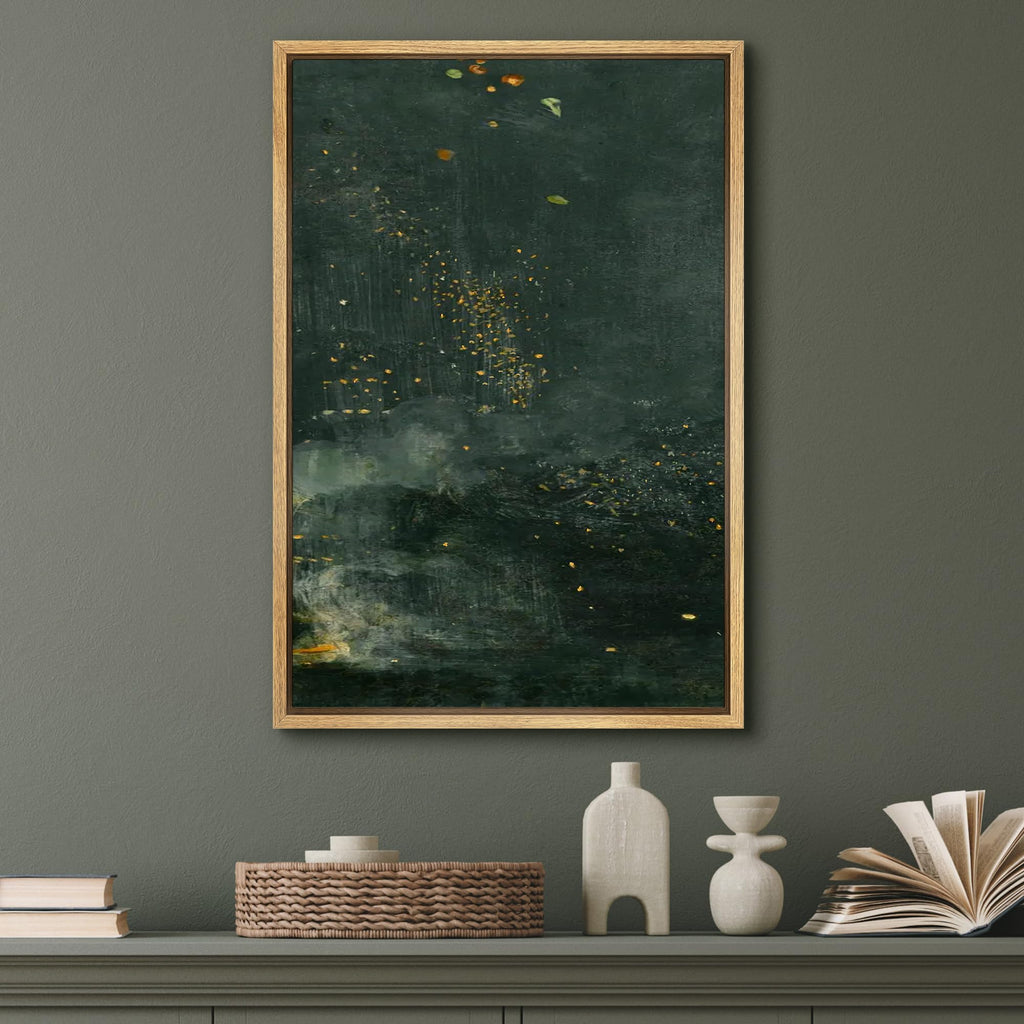 Framed Canvas Print Wall Art Starry Night Flora Abstract Plant with Gold Accents Dark Green Botanical Illustrations