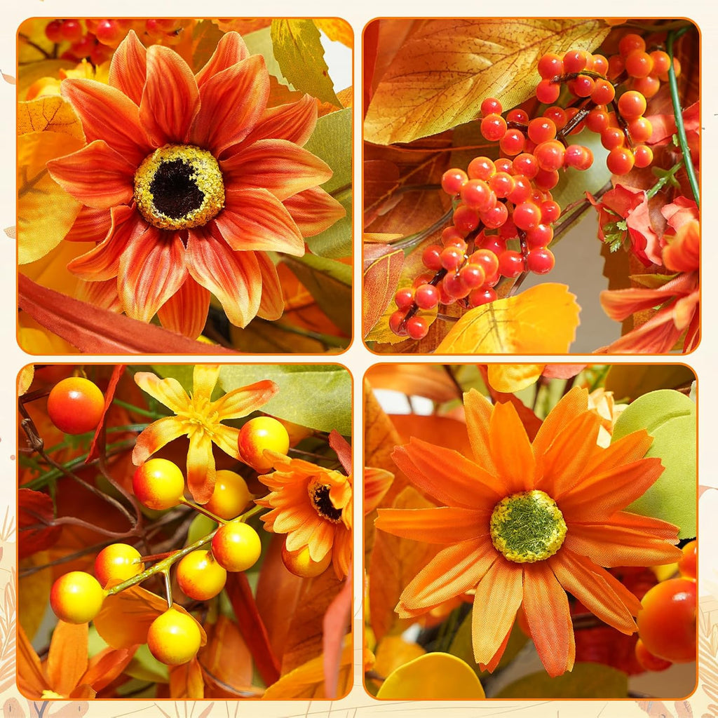 Fall Wreath for Front Door, 24 Inch Autumn Wreath with Berries,Lemon Leaves, Oak Leaves, and Maple Leaves Fall