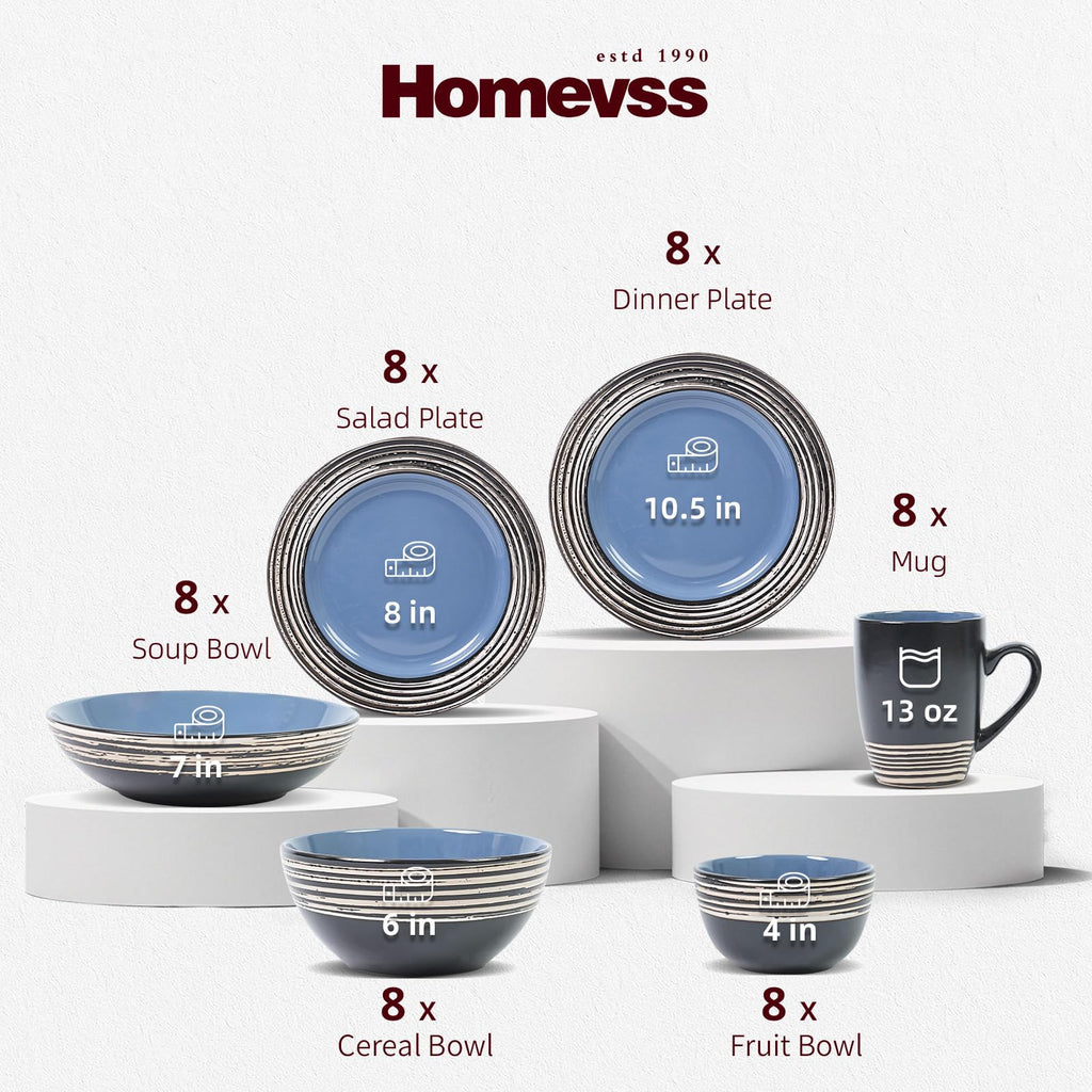48 Piece Dinnerware Set, Ceramic Plates and Bowls Sets for 8, Microwave and Dishwasher Safe, Handcrafted Tree Bark