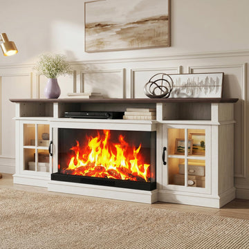 80" Farmhouse Fireplace TV Stand, 3‐Sided Glass Fireplace, White