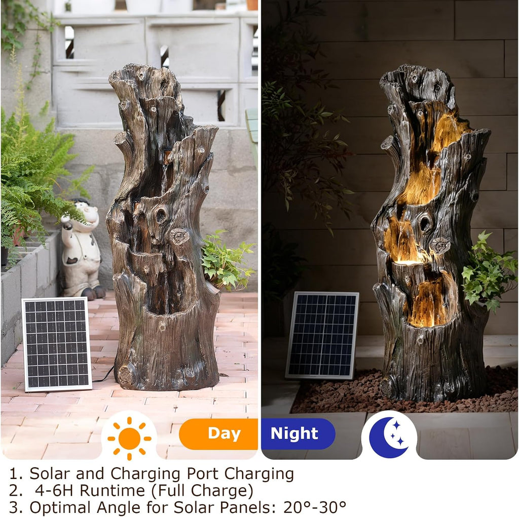 39.37" Tall Solar Water Fountain Outdoor Garden Faux Tree Stump | 5 Tier Solar Powered Water Fountains with LED