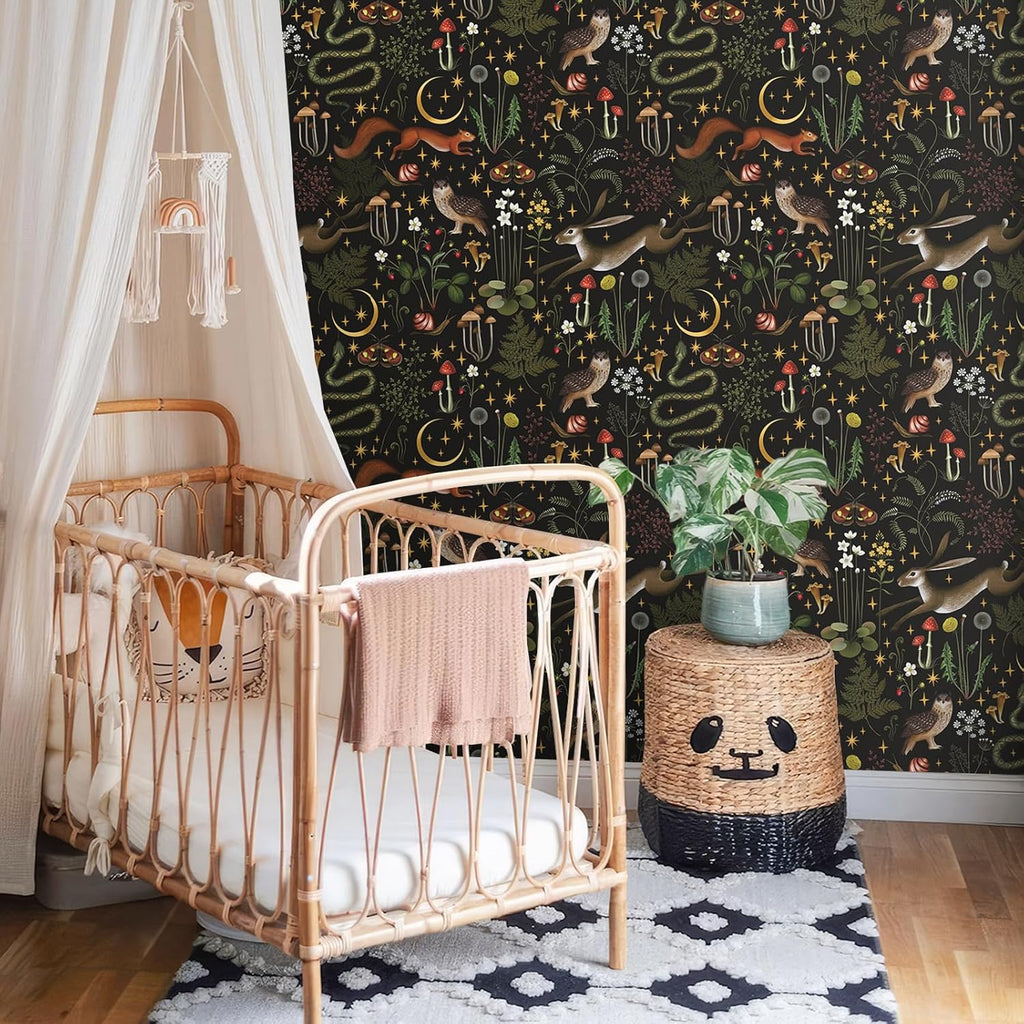 Black Woodland Mushroom Peel and Stick Wallpaper Boho Fairy Forest Wallpaper for Kids Room Nursery 17.7''x354''