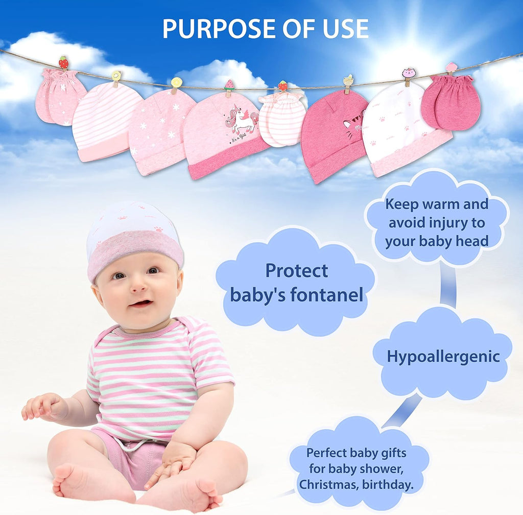 Organic Cotton Baby Mittens and Caps Set with Cute Bunny Design for Newborn 0-6 Months -, No Scratch, Ultra Soft - 5