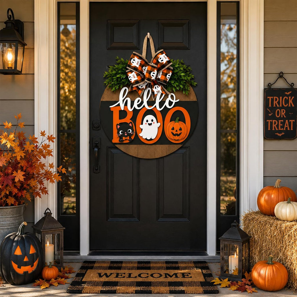 Halloween Wreaths for Front Door Cute Ghost Hanger Sign Decorations (Cute Ghost Wreath)