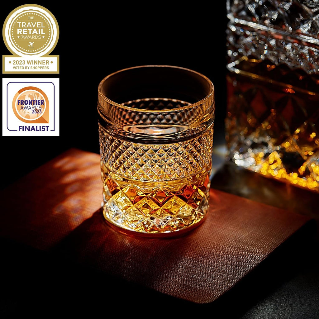 Whiskey Decanter Gift Set with 4 Cocktail Glasses & Handcrafted Granite Whiskey Chilling Stones - Whisky Carafe Glass - Set of 7