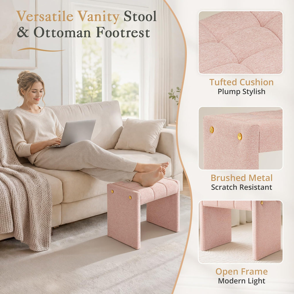 Modern Grid Tufted Vanity Bench Stool, 4.33'' Thick Chenille Upholstered Ottoman Footstool for Makeup Room, Bedroom &