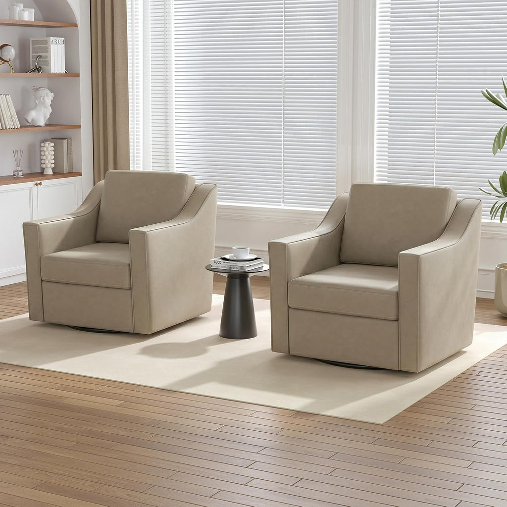 Faux Leather Swivel Accent Barrel Chairs, Cream - Set of 2