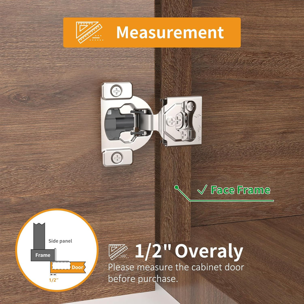 50 Pack 7/16" Overlay 4D Concealed Hinges for Face Frame Door, Soft Close On/Off Switch, Self Closing, 105° Open Angle