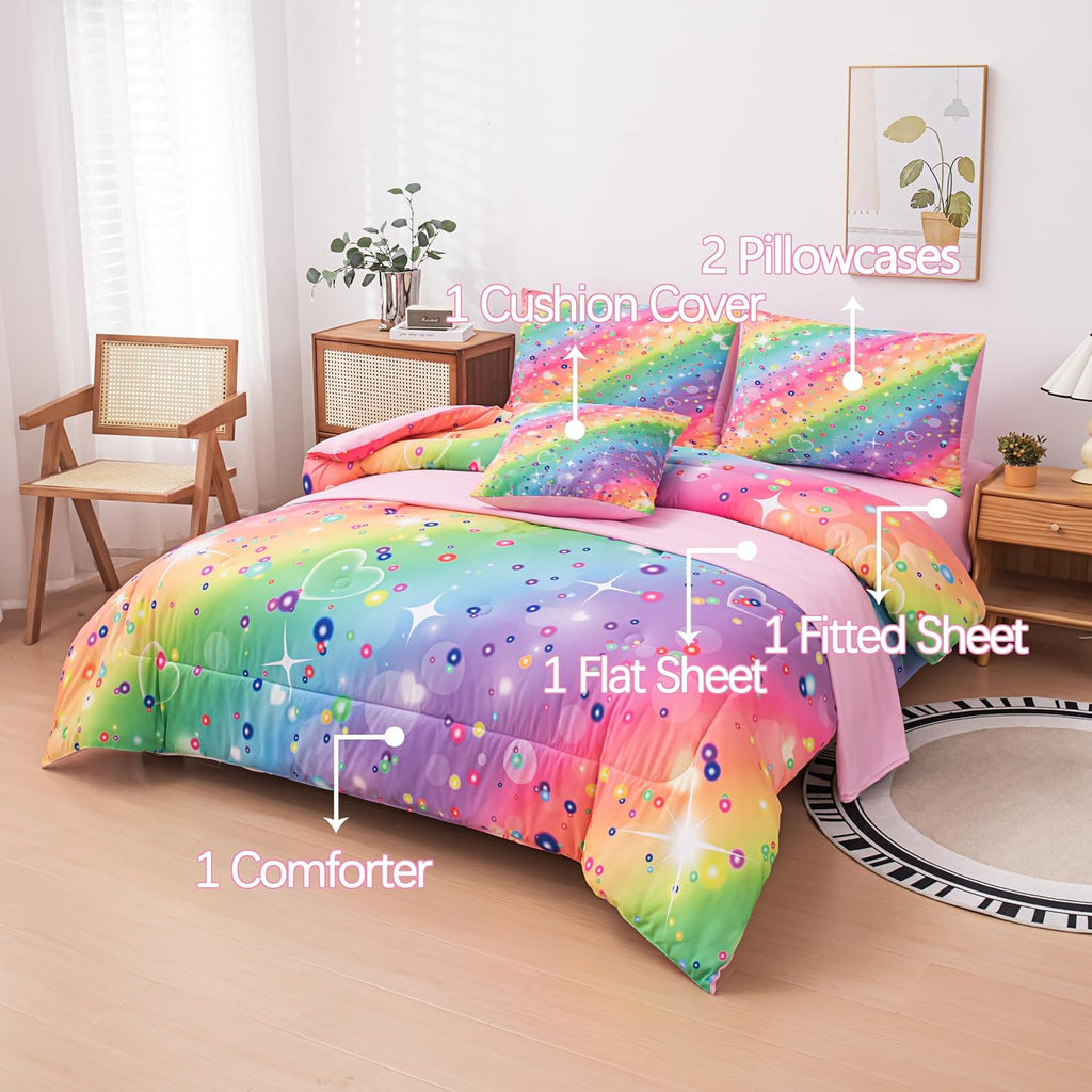 6 Pcs Girls Twin Comforter Set, Colorful Rainbow Galaxy Bedding Sets, Twin Bedding Sets for Girls Kids with 1