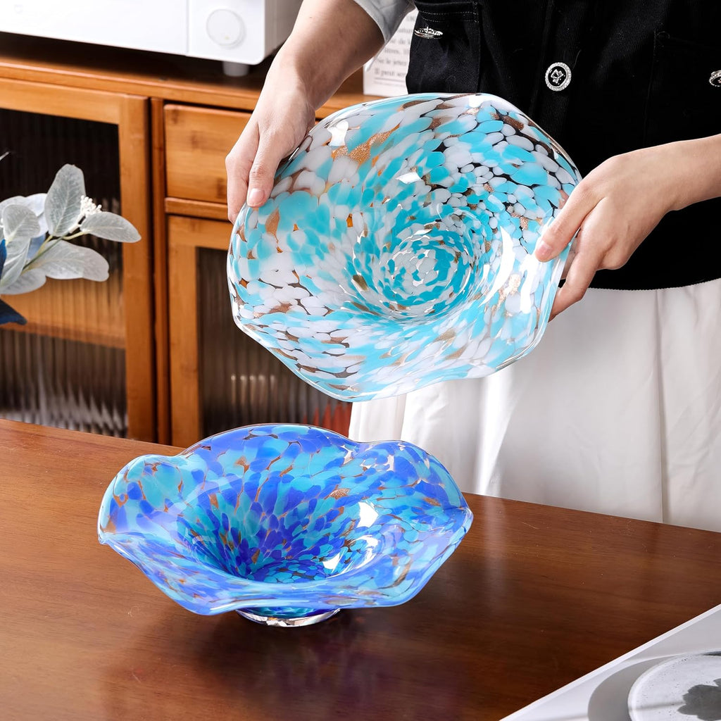 Hand Blown Murano-style Art Glass Bowl, 10.2-Inch Large Decorative Centerpiece for Table, Cobalt Blue Fruit Display &
