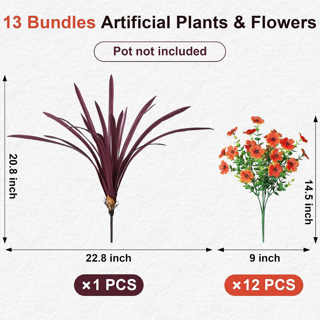 Fall Flowers Artificial Mums for Outdoors Autumn Decor, 12 Bundles Orange Fake Fall Mums with Burgundy Orchid - Set of 13
