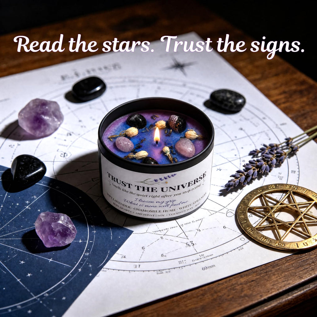 Trust the Universe Crystal Candle for Serenity, 8OZ Amethyst Energy Healing Candles, Protection Support Chakra