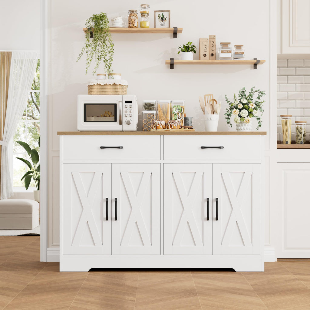 47" W Kitchen Sideboard Buffet Cabinet with Storage Drawers, White