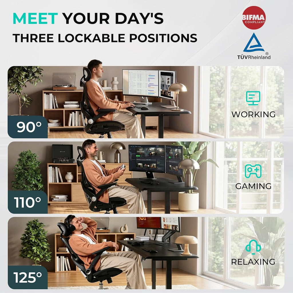 Ergonomic Office Chair 400lbs Mesh Seat, High Back Adjustable Lumbar, 90/110/125°Backrest Lock, Flip-up Armrests, 3D
