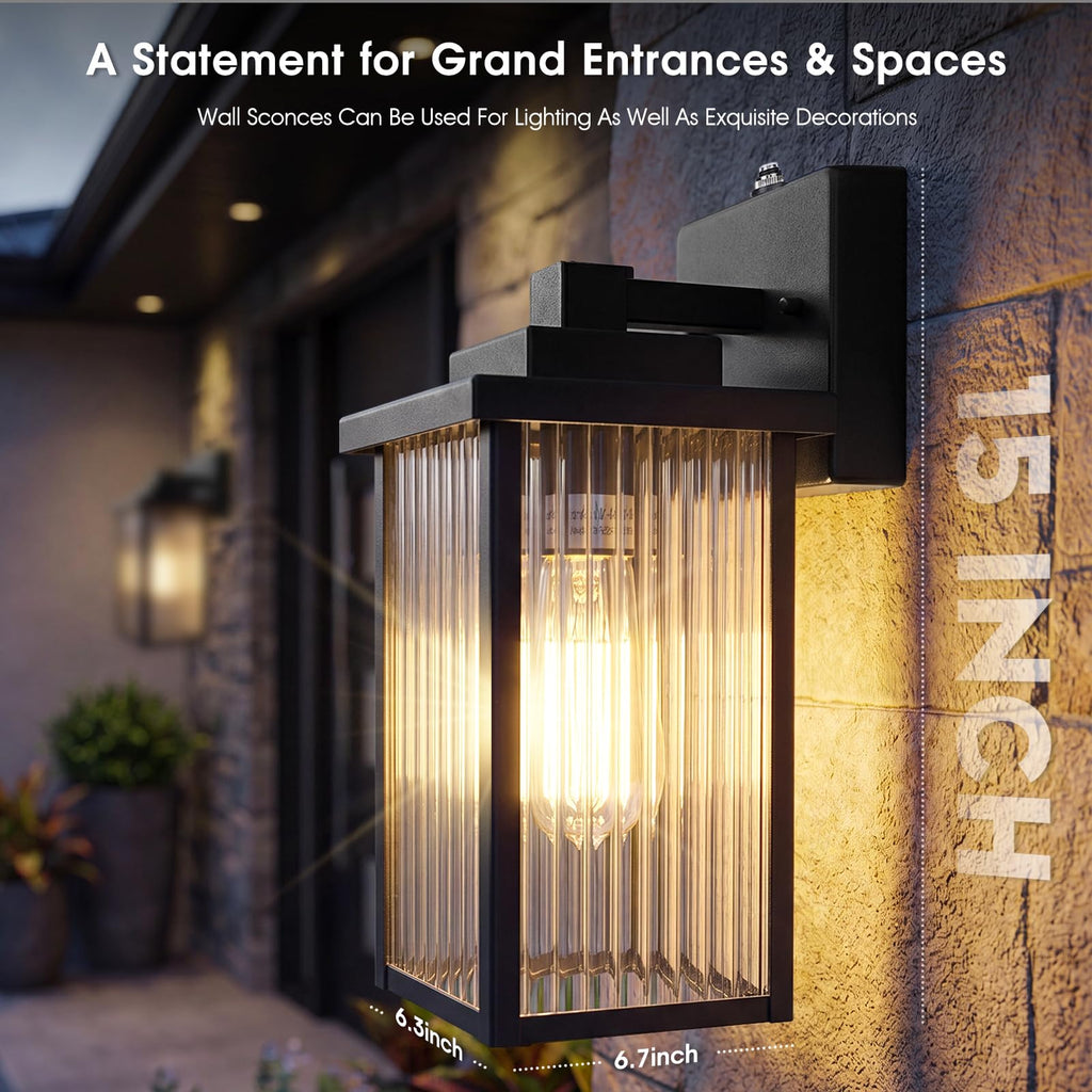 2Pack 15-Inch Dusk to Dawn Outdoor Wall Light, Black All-Metal Frame