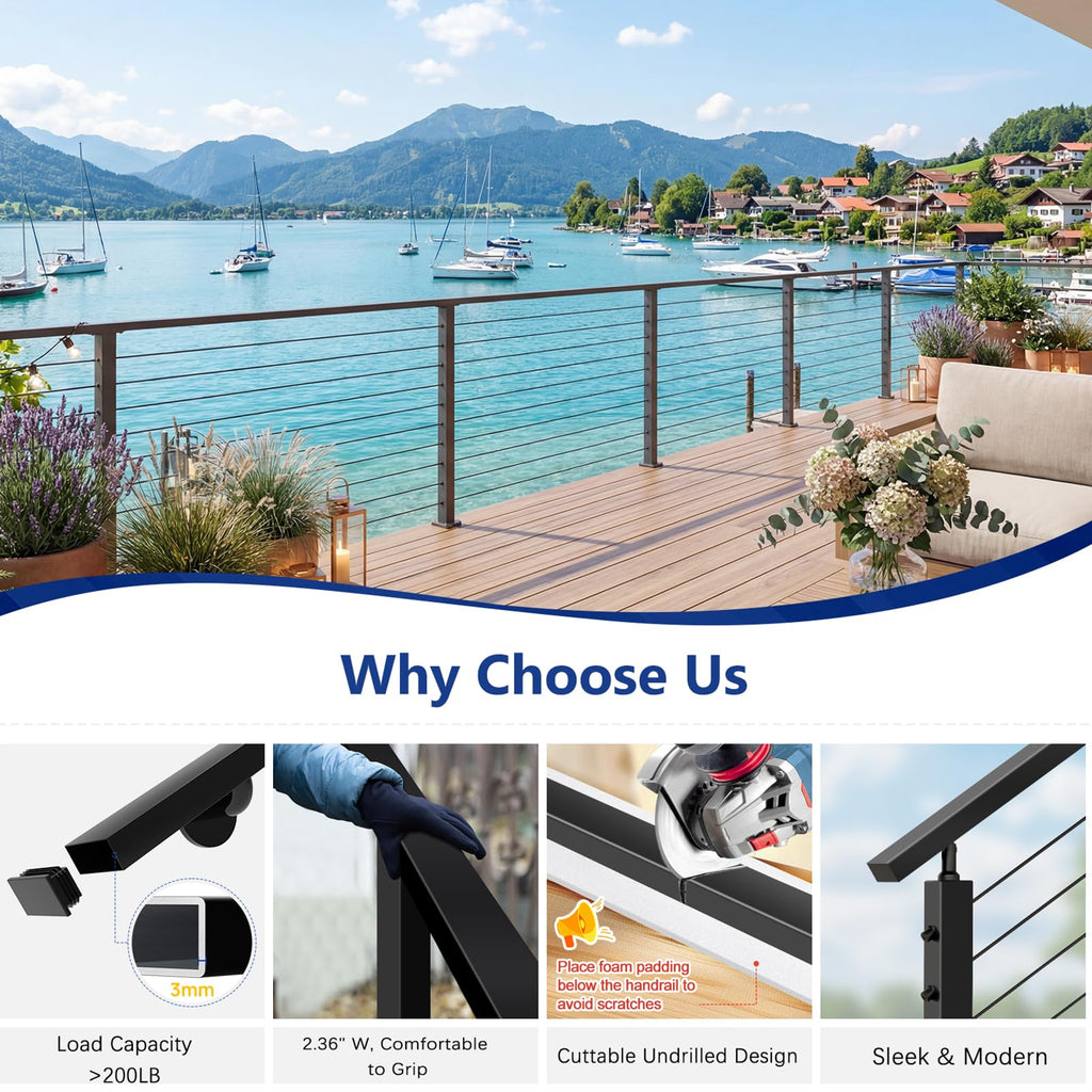 8FT Aluminum Black Handrail for Lake House Deck Railing, Easy DIY