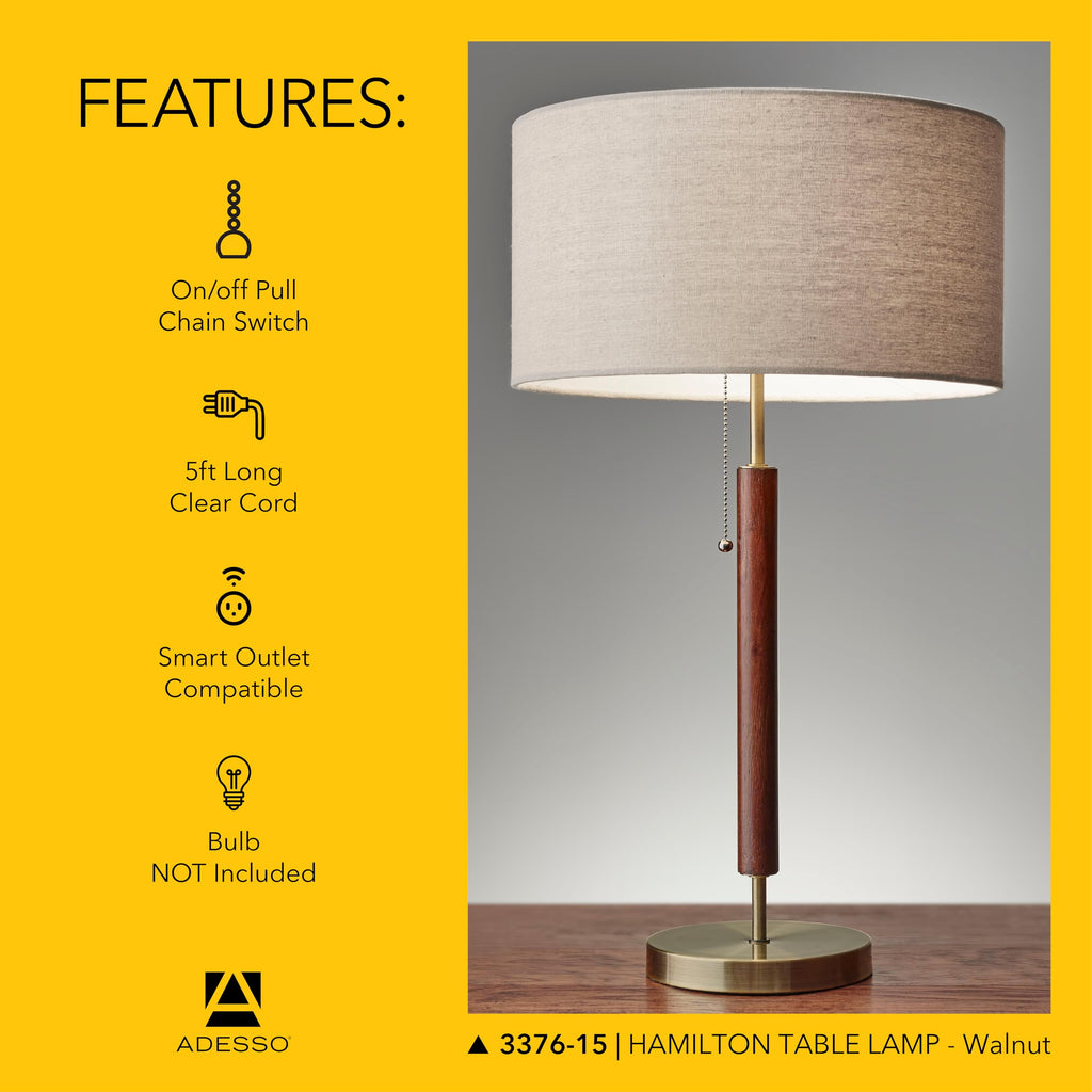 3376-15 Hamilton Table Lamp, 26.25 in, 100W Incandescent/26W CFL, Walnut Eucalyptus Wood/Antique Brass, 1 Modern