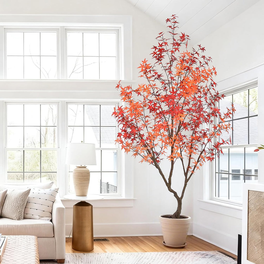 Maple Tree 9FT - Large Faux Plant Indoor with 900 Orange Red Leaves & Realistic Trunk, 108" Tall Fake Autumn Maple