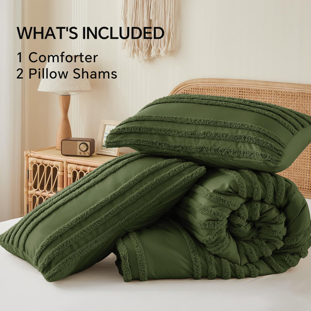 Boho Comforter Set - Tufted Boho Bedding Set, Olive Green