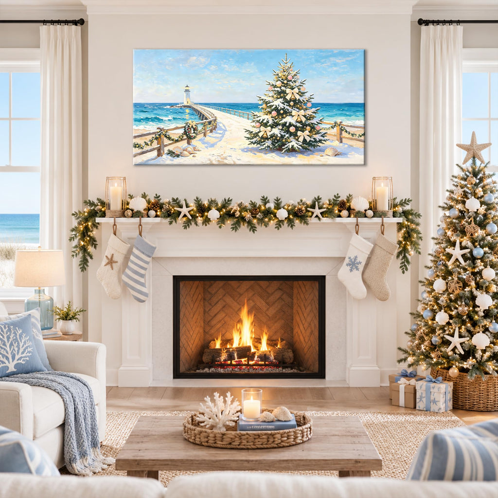 Coastal Christmas Wall Art, Rustic Beach Canvas Prints Holiday Tree Pictures, Vibrant Winter Seaside Painting Ocean