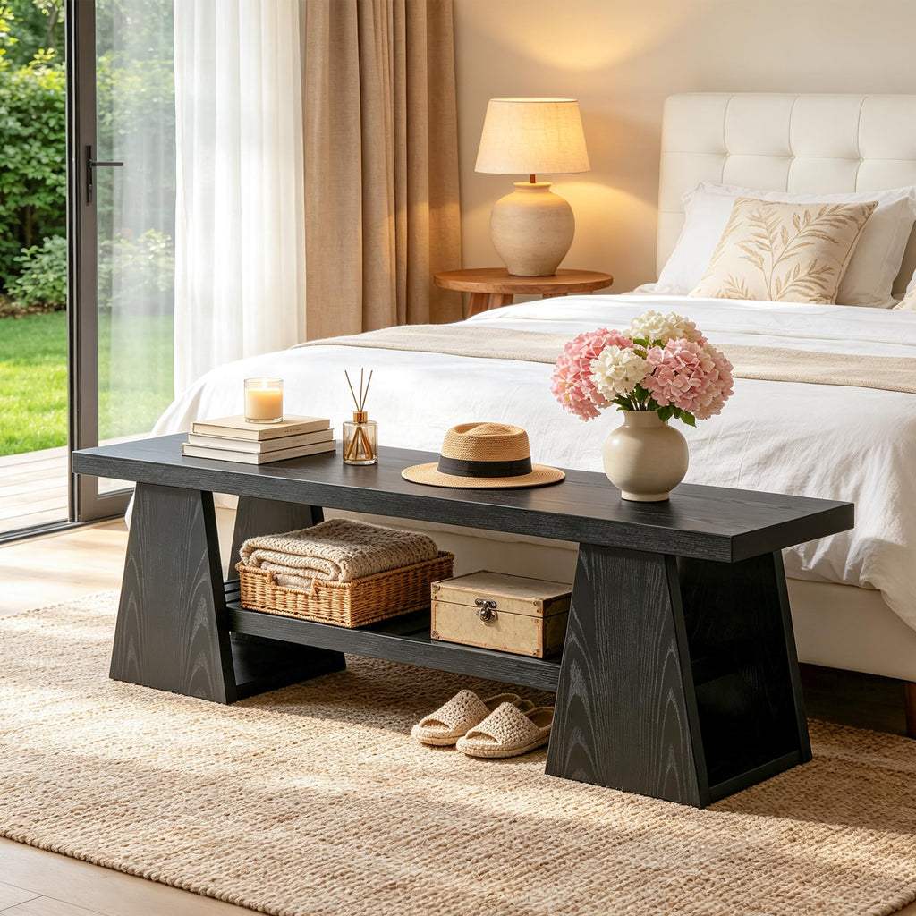 63'' Long Entryway Bench, Black Rustic Farmhouse Wooden Entry Way Bench Seat Indoor with Shoe Storage Shelf, 3-Tier