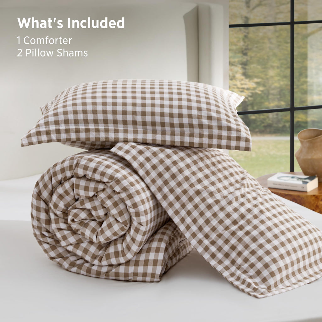 Brown Gingham Comforter Set, Soft Fall Bedding 3 pcs