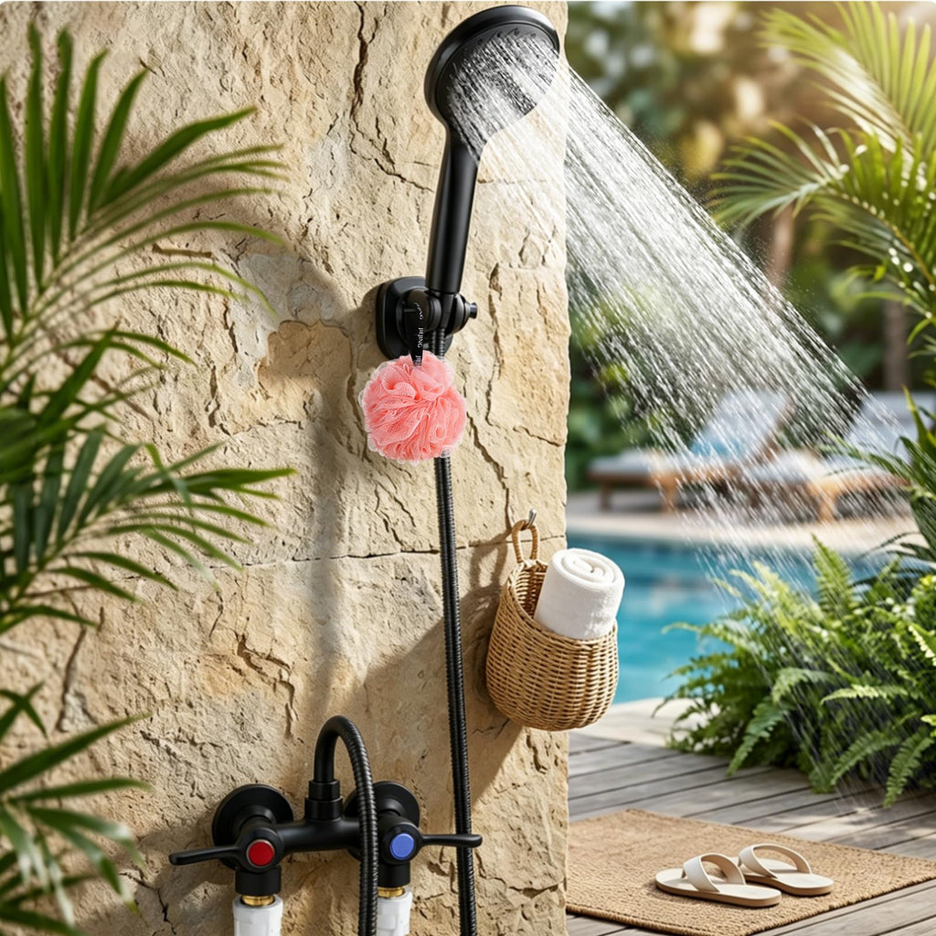 Outdoor Shower Kit Solid Brass 4 Inch Center Valve 59 Inch Hose Matte Black