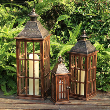 Large Farmhouse Wooden Metal Lantern Set of 3, 27''/22''/15'' H Rustic Decorative Indoor & Outdoor Hanging Candle