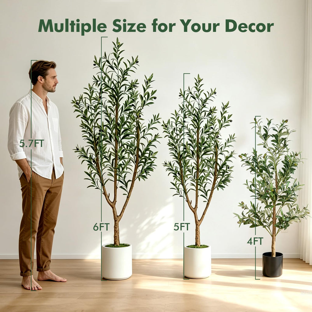 Olive Trees Artificial Indoor: 6FT Faux Olive Tree with White Tall Planter & Moss, Large Fake Plants with Natural