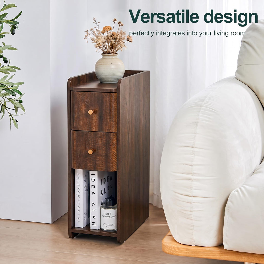 Narrow Nightstand, Wooden 2 Drawer, Cherry Walnut