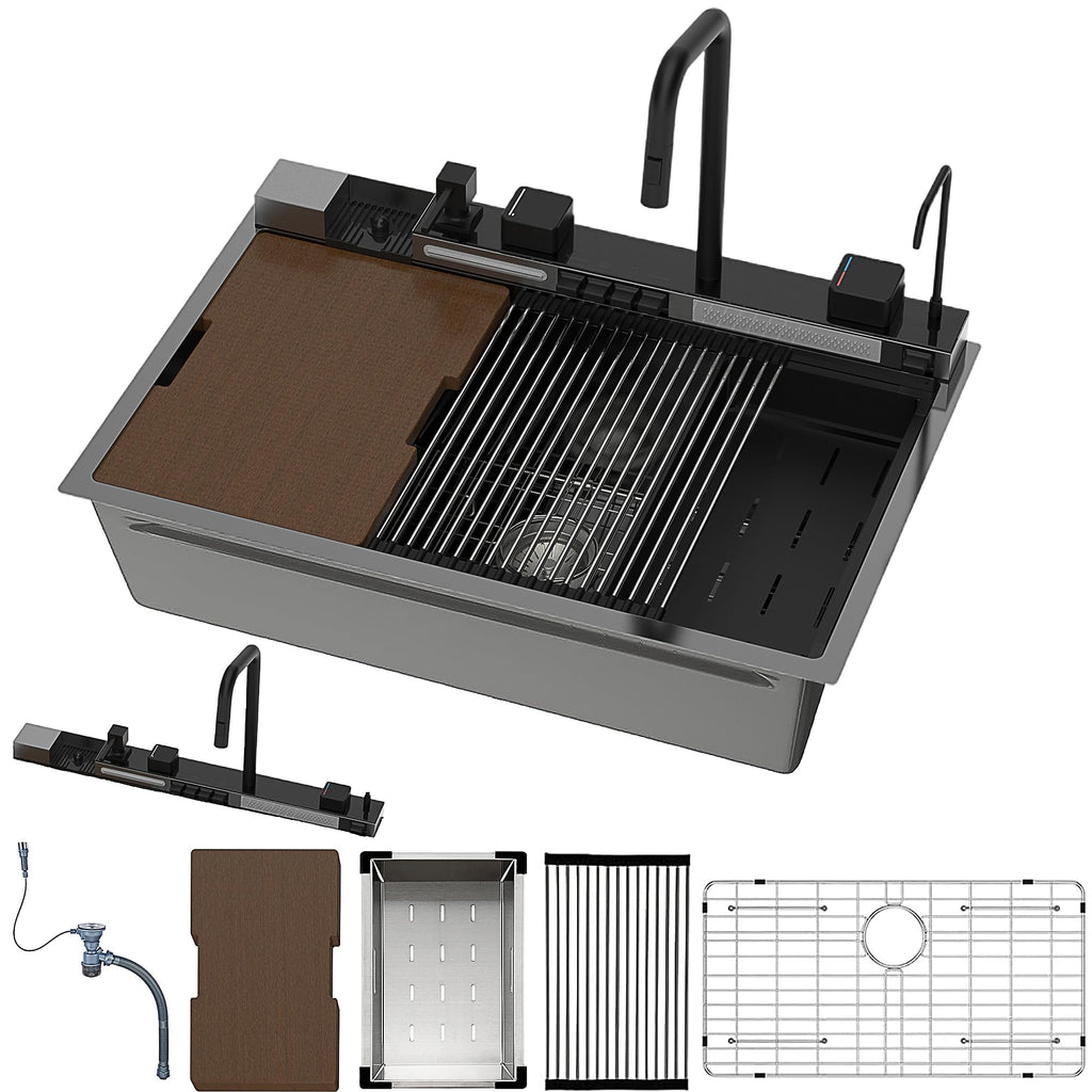 33"x22" Drop In Smart Workstation Kitchen Sink Waterfall Kitchen Sink