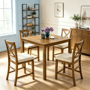 5-Piece Counter Height Dining Table Set for 4, Farmhouse Counter Height Kitchen Table with 4 Padded Chairs, Solid